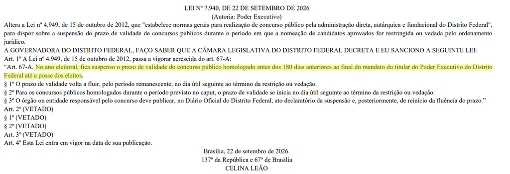 Lei que suspende validade de concursos do DF em período eleitoral entra em vigor 1 image 1
